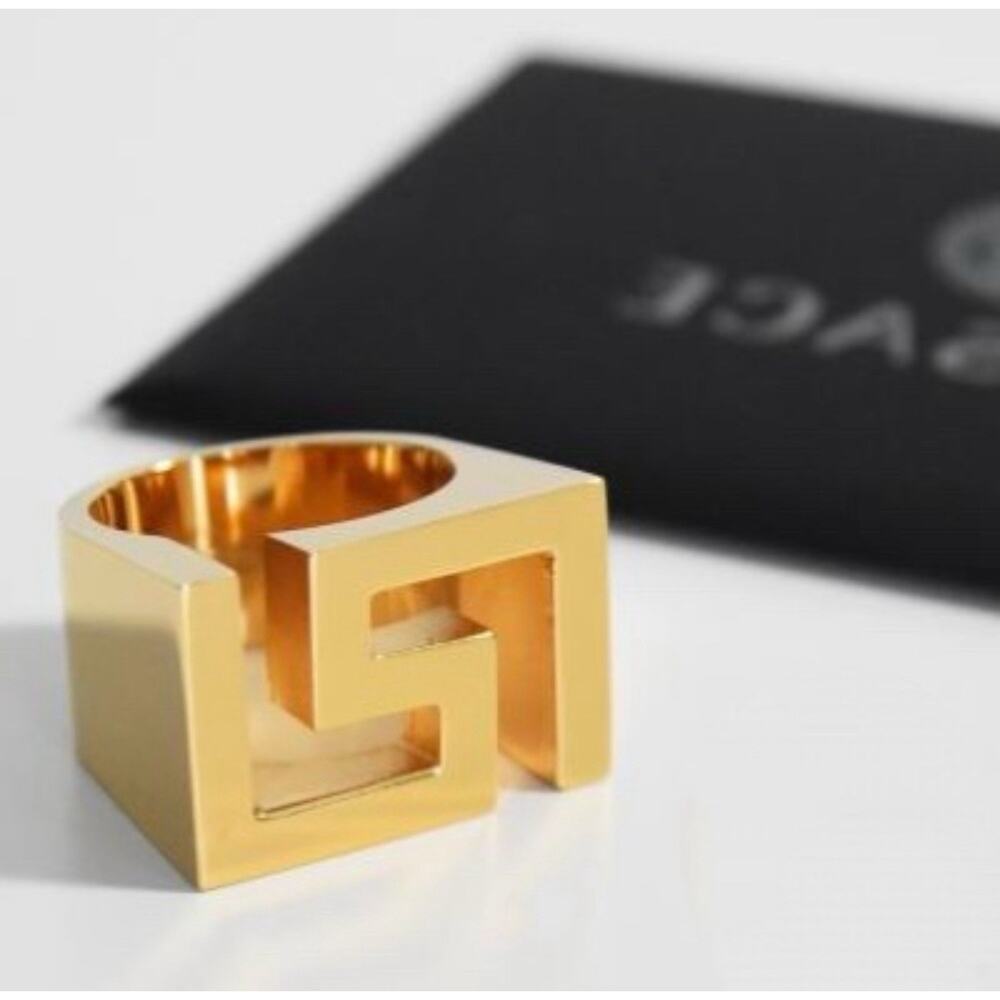 Versace Statement Band Ring Size 19/ US 8.5 Gold Tone Greca Icon Logo NIB